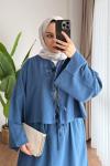 Bağcıklı Keten Takım İndigo Mavi