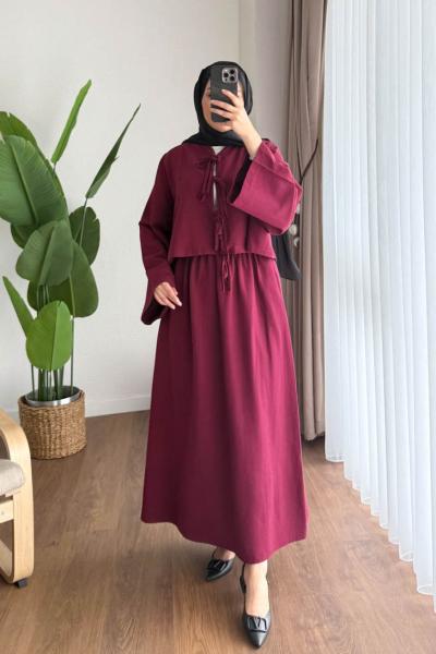 Bağcıklı Keten Takım Bordo