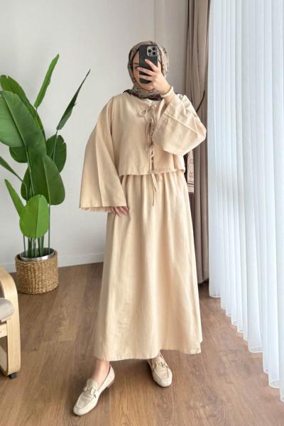 Bağcıklı Keten Takım Bej