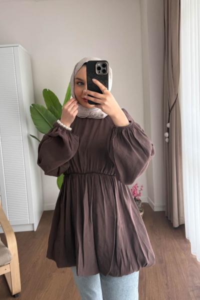 Balon Etekli Beli Lastikli Tunik Kahverengi