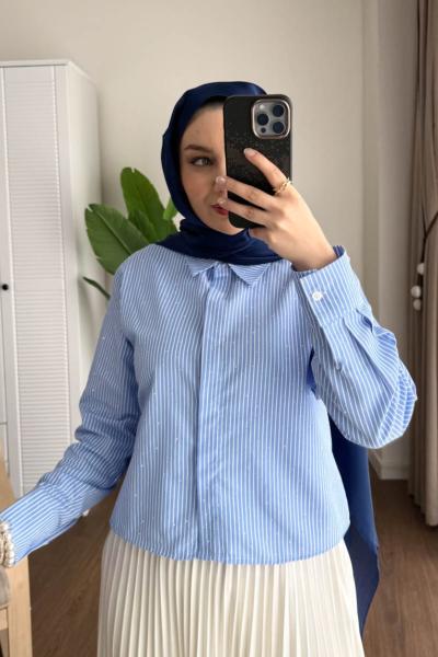 Shine Taşlı Gömlek  Mavi