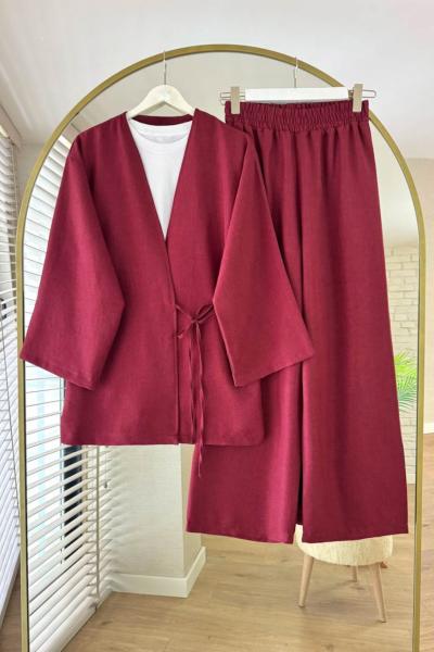 Vegas Kimono Keten Takım  Bordo