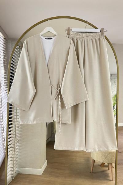 Vegas Kimono Keten Takım  Bej