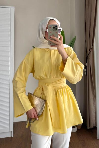 Yarım Patlı Beli Kuşaklı Gömlek  Sarı