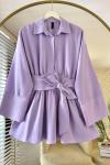 Yarım Patlı Beli Kuşaklı Gömlek  Lila