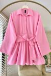 Yarım Patlı Beli Kuşaklı Gömlek  Pembe