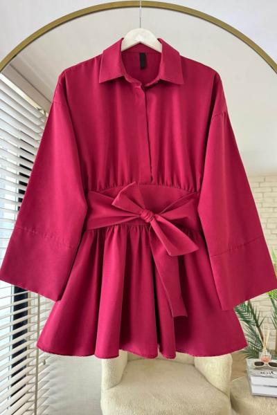 Yarım Patlı Beli Kuşaklı Gömlek  Bordo