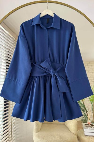 Yarım Patlı Beli Kuşaklı Gömlek  Lacivert