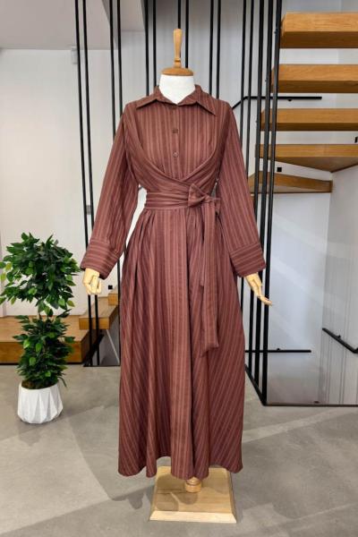 Kuşaklı Gofre Elbise  Kahverengi