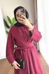 Kuşaklı Gofre Elbise  Bordo