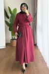 Kuşaklı Gofre Elbise  Bordo
