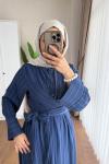 Kuşaklı Gofre Elbise  Lacivert