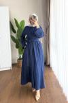 Kuşaklı Gofre Elbise  Lacivert