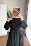 Kuşaklı Gofre Elbise  Siyah