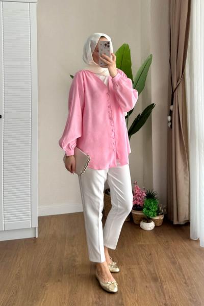 V Yaka Modal Gömlek  Pembe