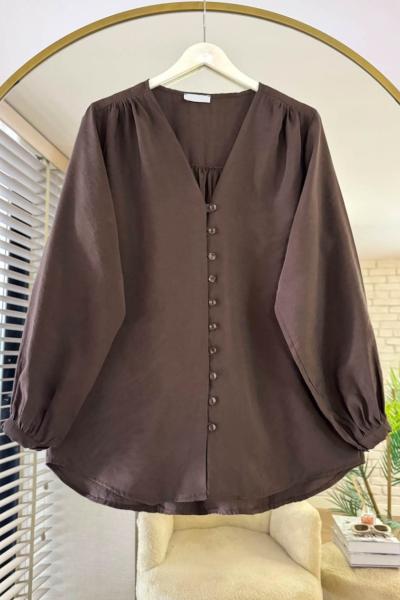 V Yaka Modal Gömlek  Acı Kahve