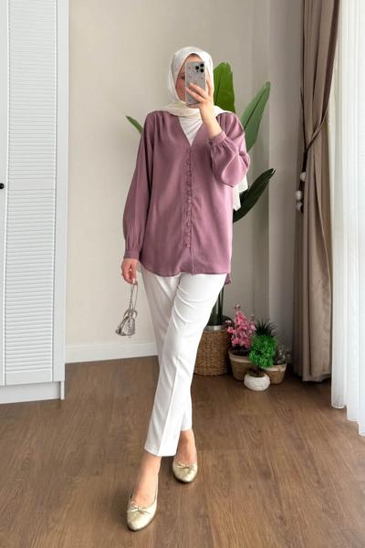 V Yaka Modal Gömlek  Gül Kurusu