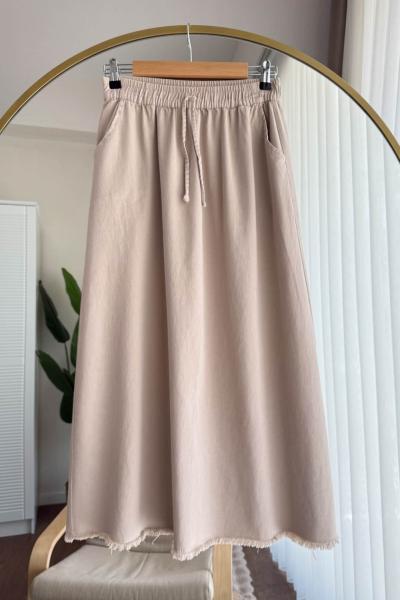 Gabardin Püsküllü Etek  Bej