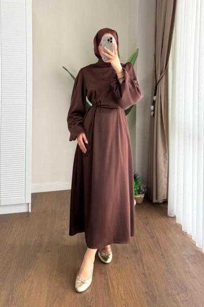 Balon Kol Saten Elbise Koyu Kahverengi
