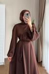 Balon Kol Saten Elbise Koyu Kahverengi