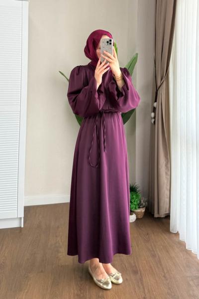 Balon Kol Saten Elbise Mürdüm