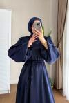 Balon Kol Saten Elbise Lacivert