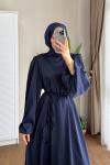 Balon Kol Saten Elbise Lacivert