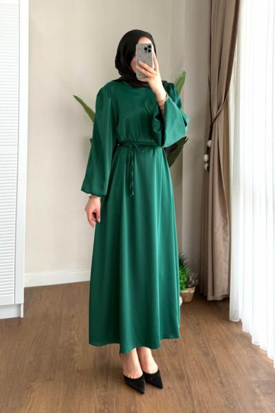 Balon Kol Saten Elbise Zümrüt