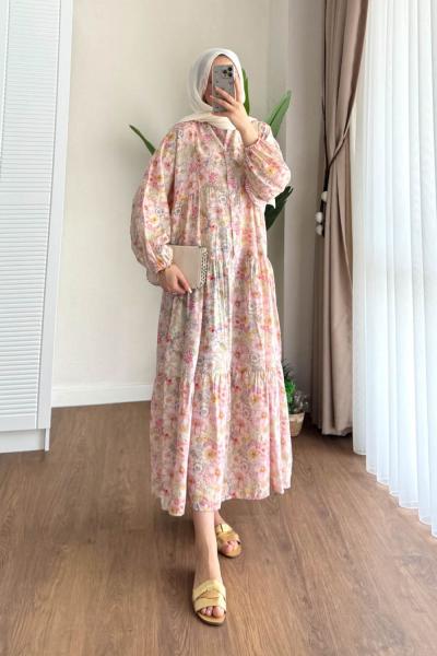 Asel Desenli Elbise Krem