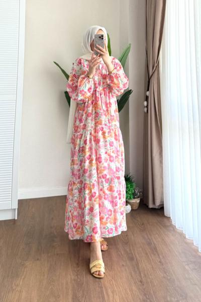 Azra Desenli Elbise Pembe