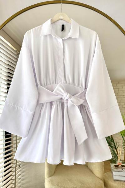 Yarım Patlı Beli Kuşaklı Gömlek  Beyaz