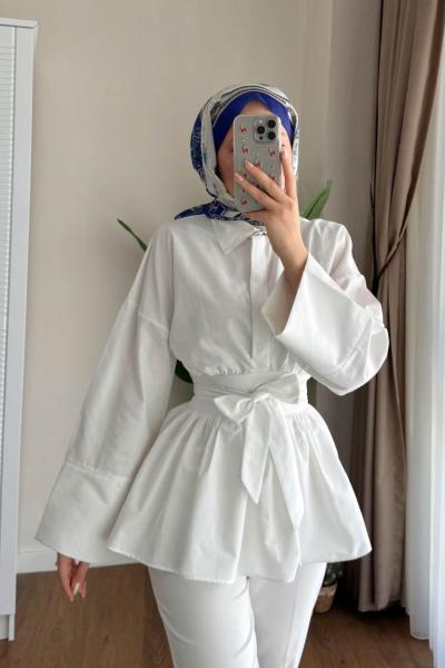 Umay Kuşaklı Gömlek Beyaz