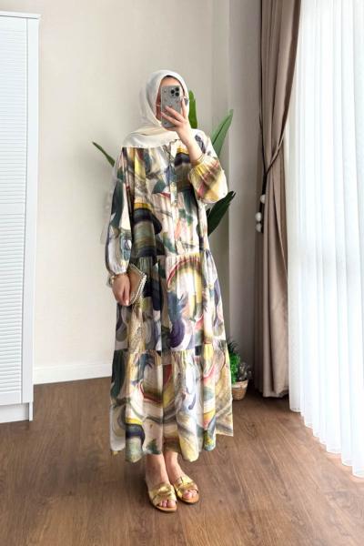 Milano Desenli Modal Elbise Krem