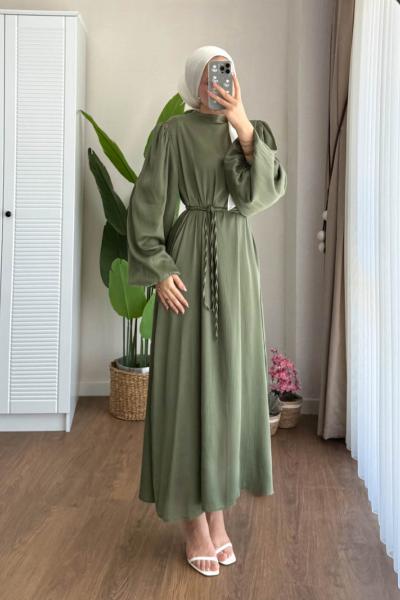 Krinkıl Saten Elbise Yeşil