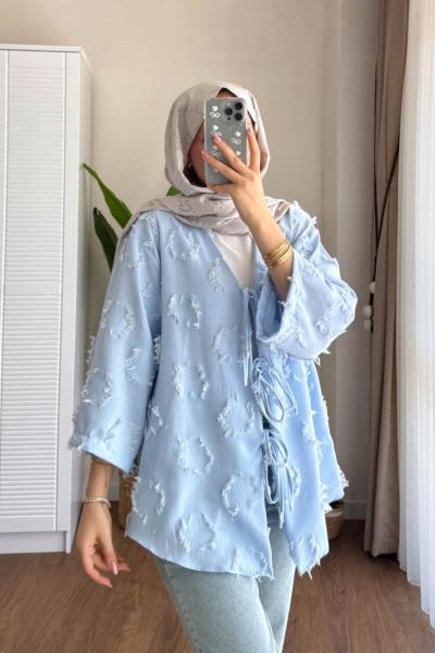 Püsküllü Keten Kimono  Mavi