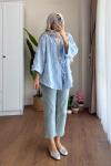 Püsküllü Keten Kimono  Mavi