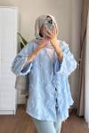 Püsküllü Keten Kimono  Mavi