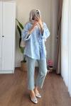 Püsküllü Keten Kimono  Mavi