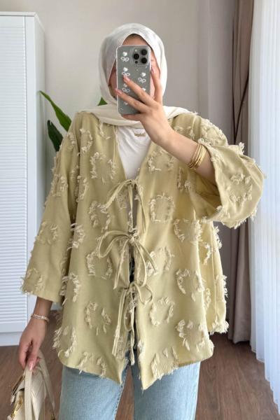 Püsküllü Keten Kimono  Yeşil