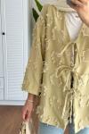 Püsküllü Keten Kimono  Yeşil