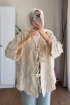 Püsküllü Keten Kimono  Bej
