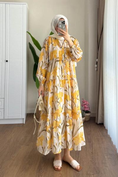 Rana Desenli Elbise Sarı