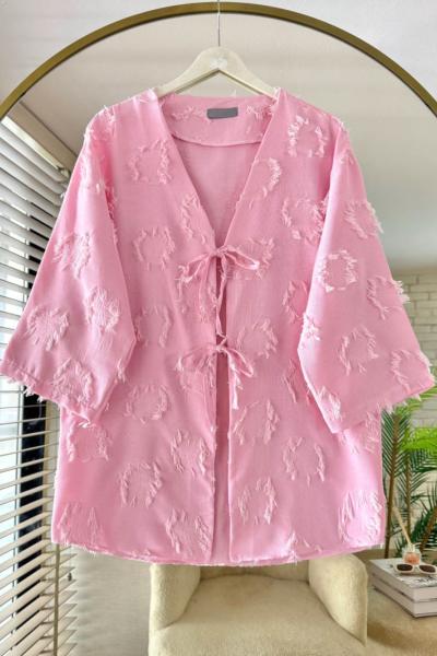 Püsküllü Keten Kimono  Pembe