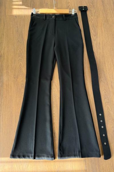 Kemerli İspanyol Pantolon Siyah