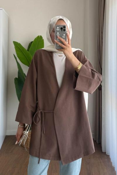 Yan Bağlamalı Kimono Kahverengi
