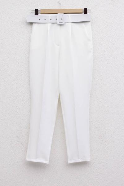 Kemerli Boru Paça Pantolon Beyaz