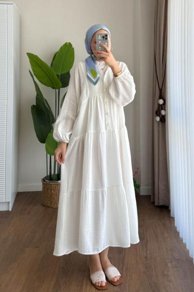 Helin Müslin Elbise  Ekru