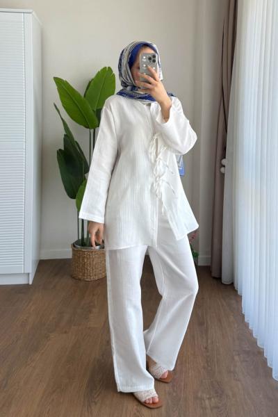Bağlamalı Müslin Takım Beyaz