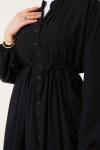 Nervürlü Kuşaklı Elbise Siyah