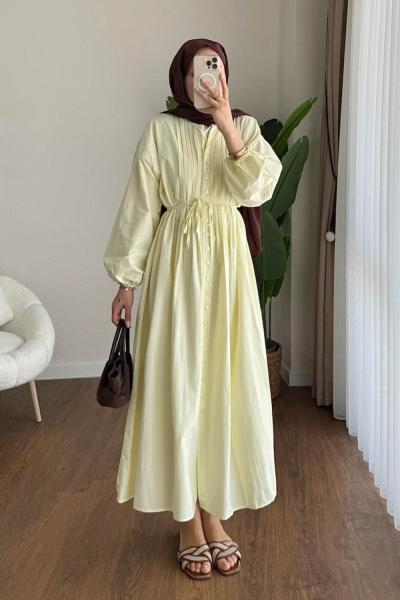 Nervürlü Kuşaklı Elbise Sarı